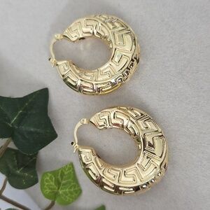 Gold Chunky Hoop Earrings with Twist Greek Key Design